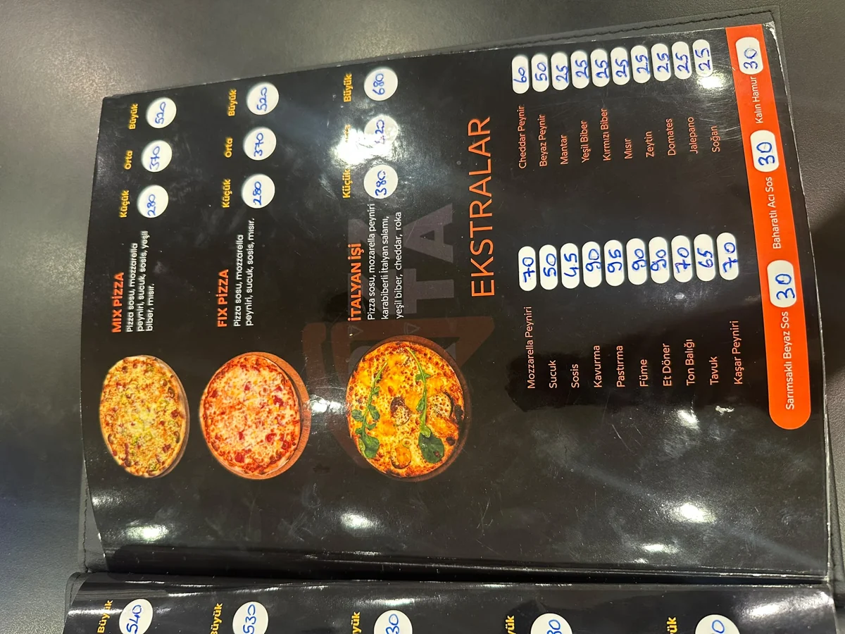 Pizza Artı mevcut menü